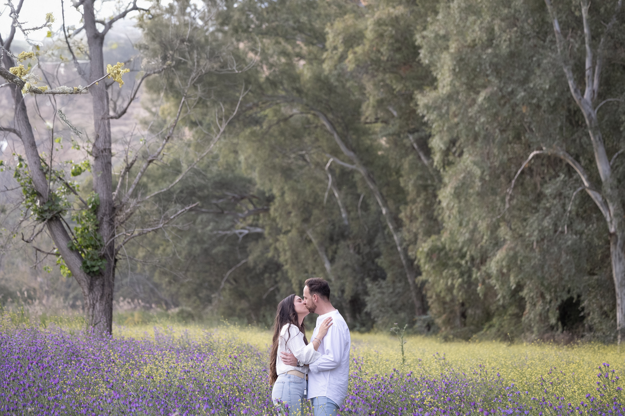 Pareja de enamorados besándose en precioso campo de flores amarillas y lilas. Sesión Preboda Cádiz