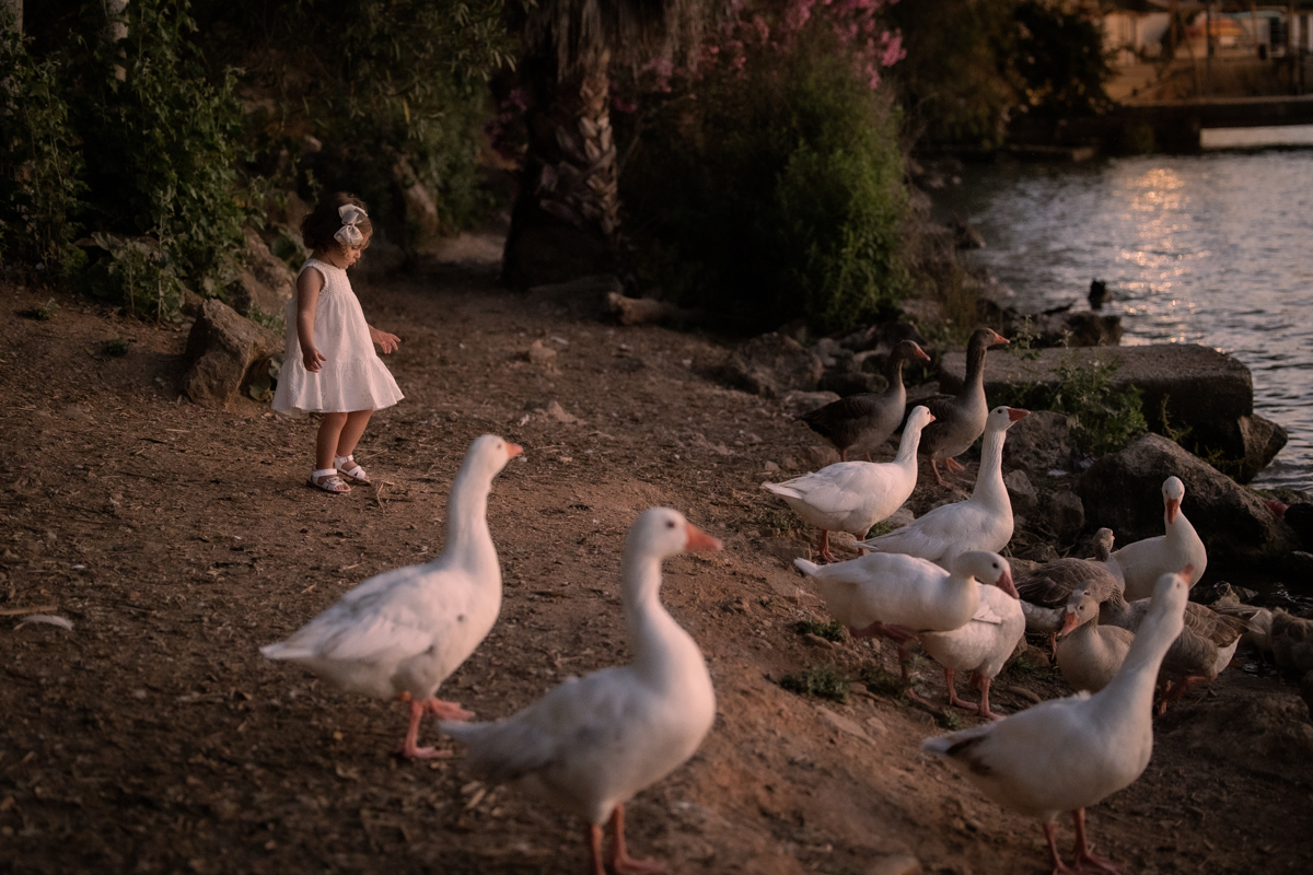 Niña pequeña vestida de blanco juega con unos patos junto al lago de Arcos