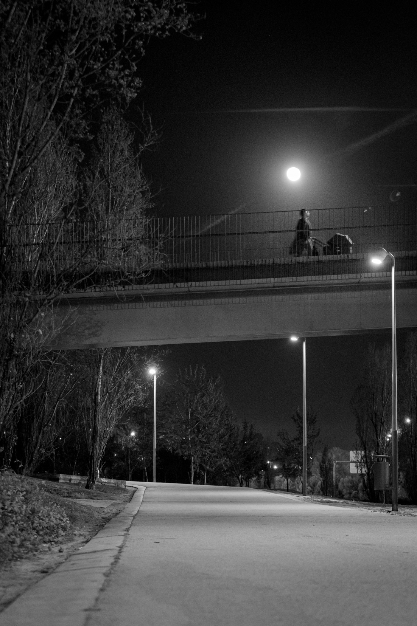 Persona con carrito de bebe pasando por un puente