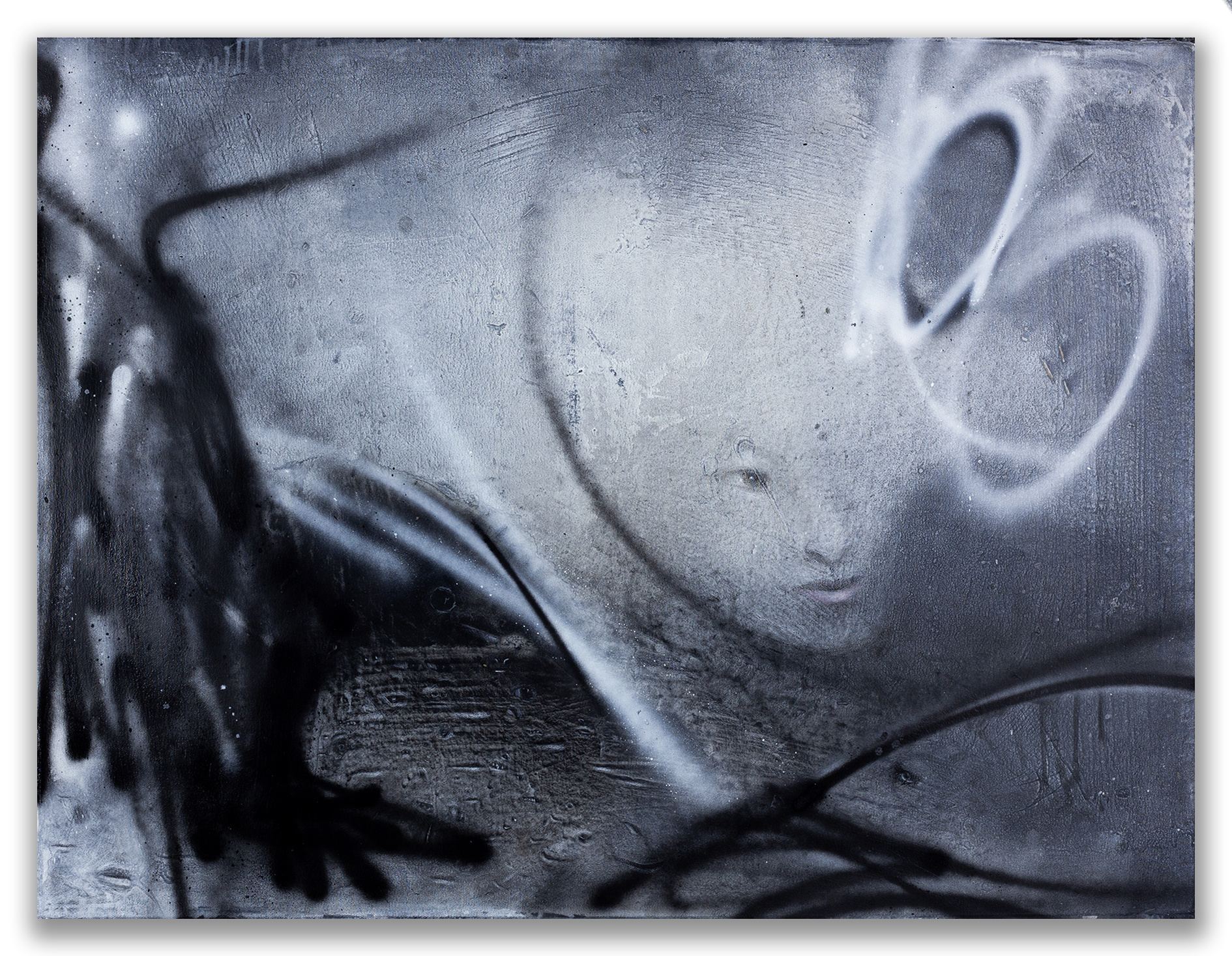 Shubert y la trucha / Acrylic, spray, wax crayon and oil pastel on canvas / 130x100 cm
